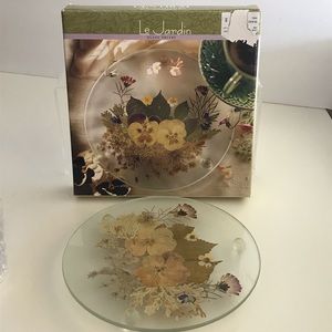 NIB - Vintage Le Jardin Frosted Glass Dried Pressed Flowers Round Trivet